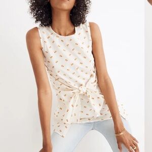 Caron Callahan Embroidered Sara Tie-Front Top cream gold floral shirt